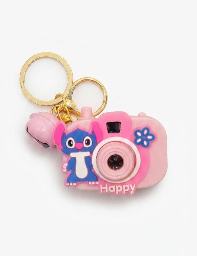 Stitch Pink Camera Keychain with Bell