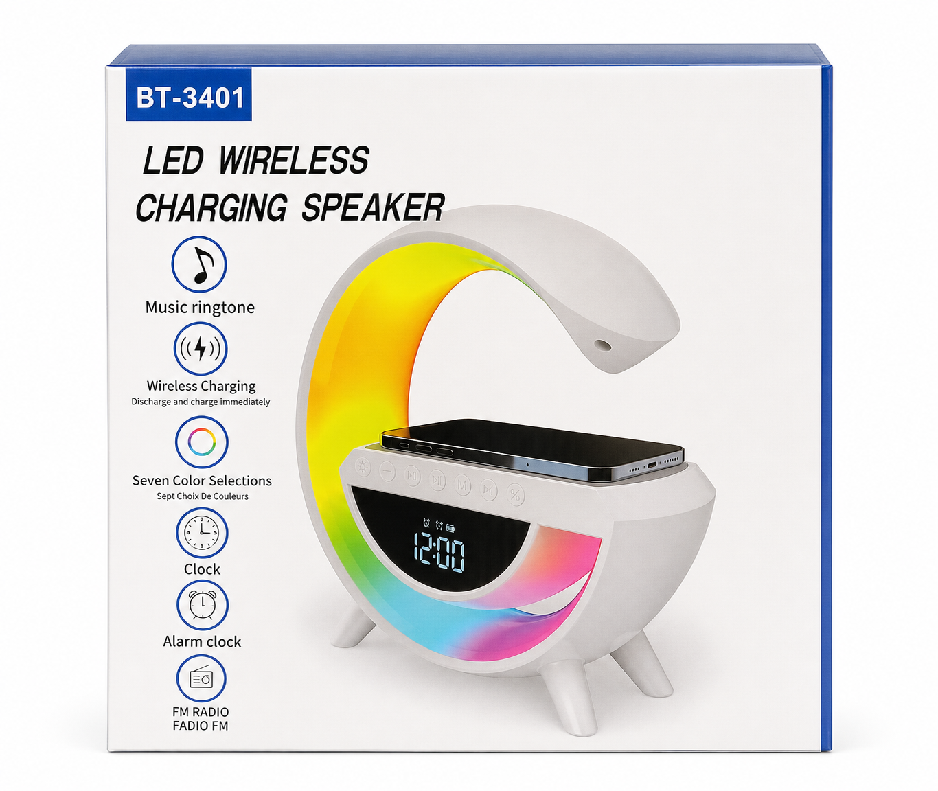 BT-3401 LED wireless charging speaker retail box on white background