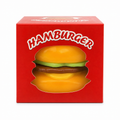Hamburger squishy toy in red box on white background