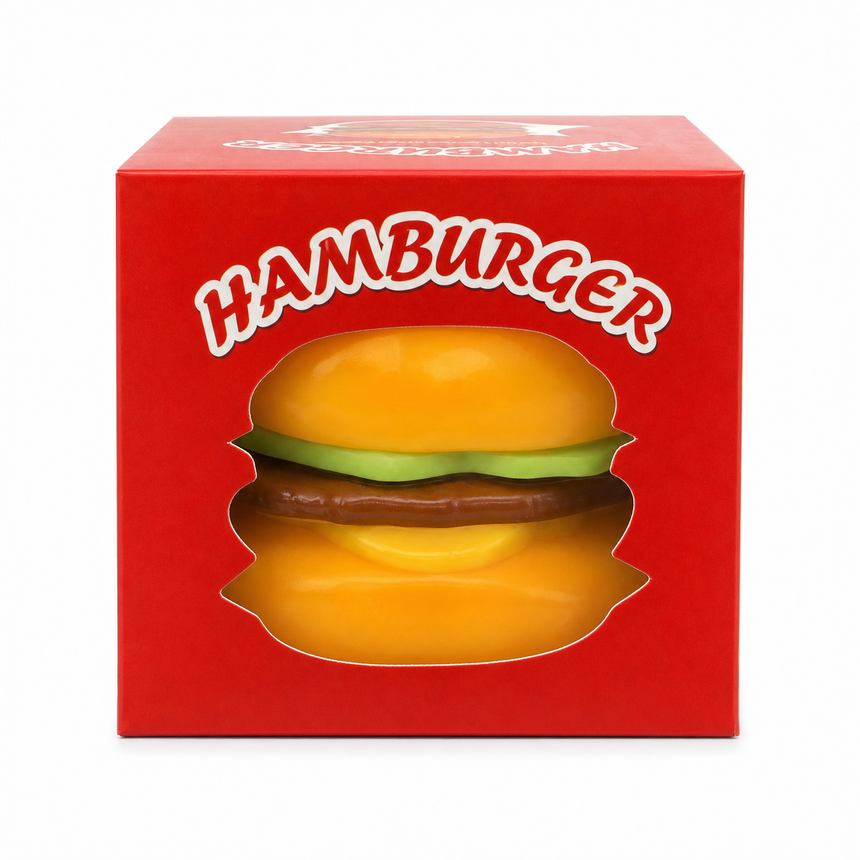 Hamburger squishy toy in red box on white background