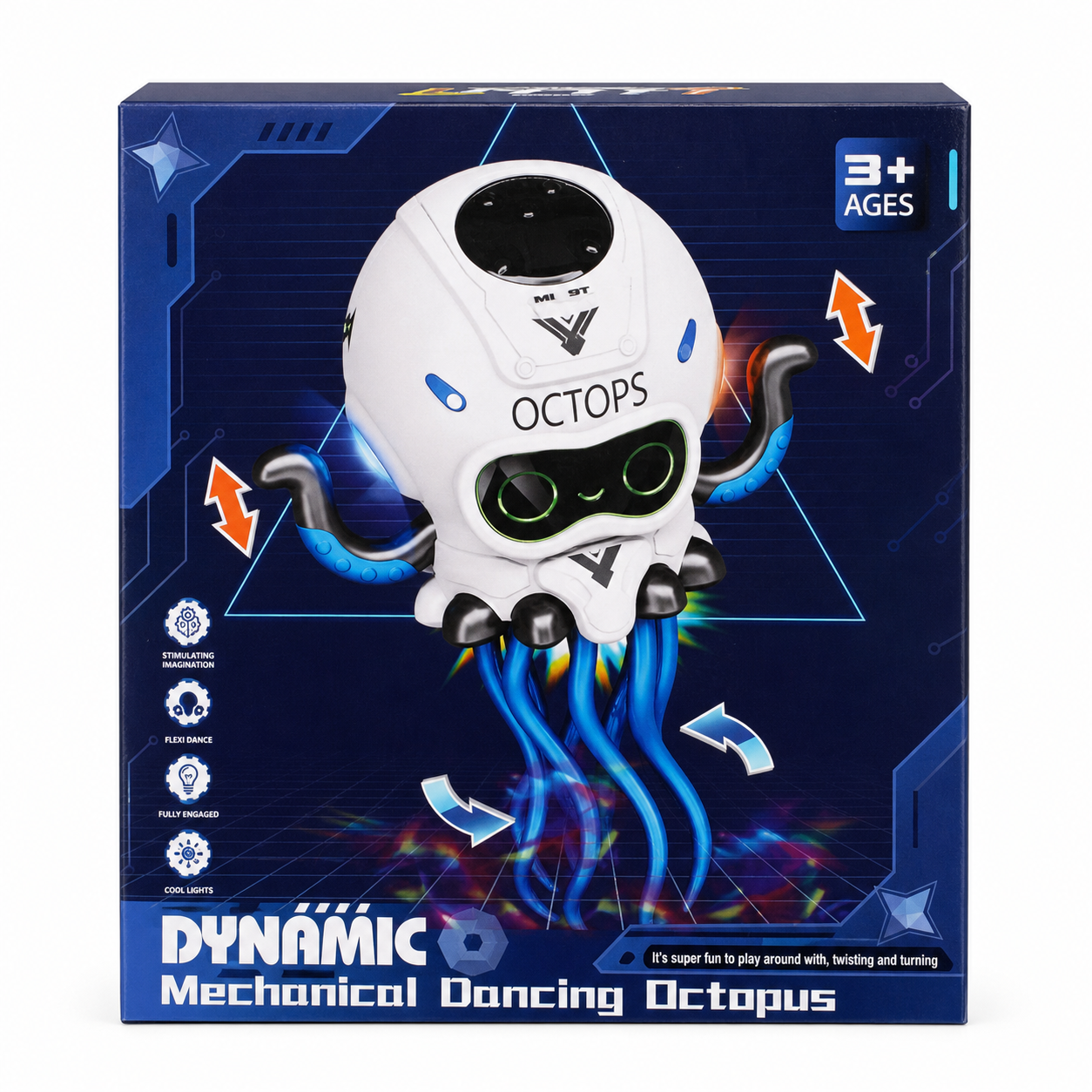 Dynamic dancing octopus toy retail box on white background
